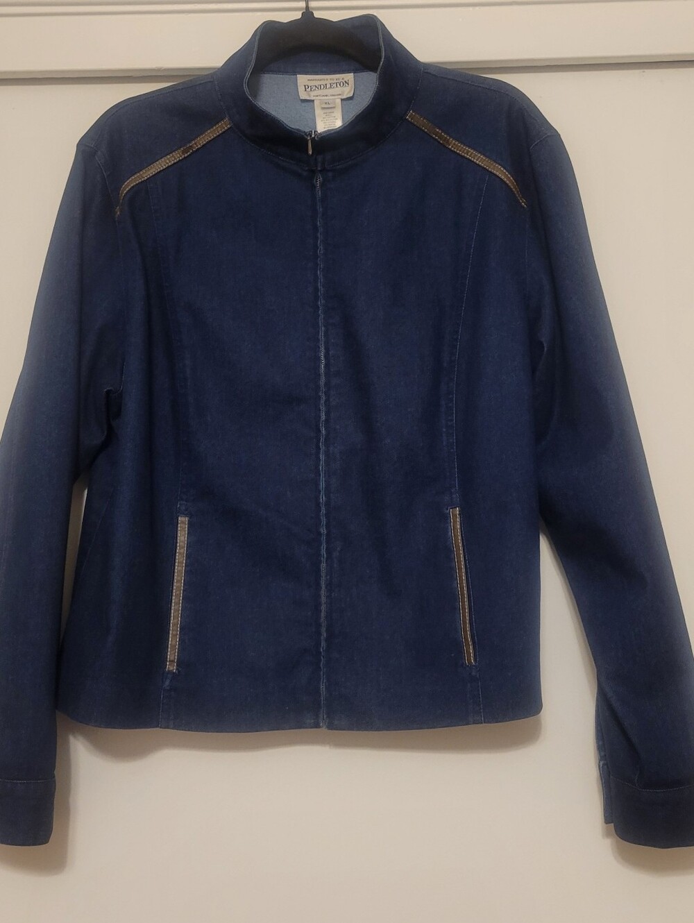 Pendleton Dark Wash Denim Moto Jacket Faux Leather Trim Zip Front XL